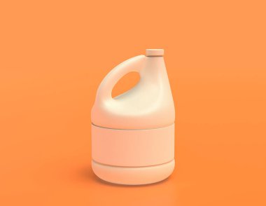 Sarı arka planda beyaz plastik çamaşır suyu kabı, düz renkler, tek renk, 3 boyutlu renkler, covid-19 'a karşı, temizlik sıvısı