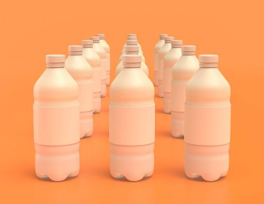 Sarı turuncu arka planda bir grup beyaz plastik soda şişesi, düz renkler, tek renk, üç boyutlu görüntüleme, içecek kabı