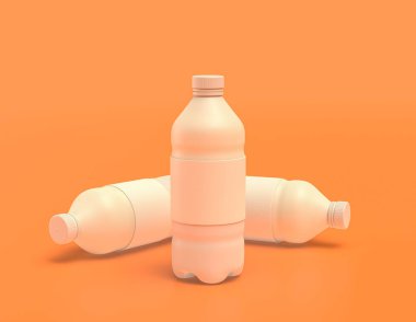 Sarı turuncu arka planda bir grup beyaz plastik soda şişesi, düz renkler, tek renk, üç boyutlu görüntüleme, içecek kabı