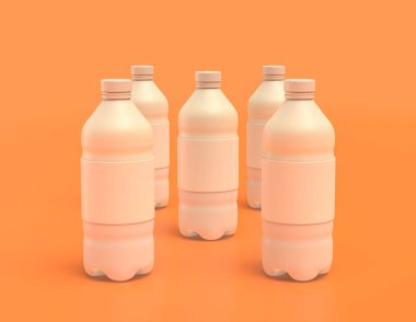 Sarı turuncu arka planda bir grup beyaz plastik soda şişesi, düz renkler, tek renk, üç boyutlu görüntüleme, içecek kabı