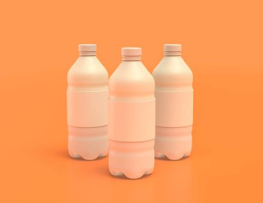 Sarı turuncu arka planda bir grup beyaz plastik soda şişesi, düz renkler, tek renk, üç boyutlu görüntüleme, içecek kabı