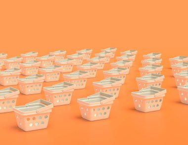 Sarı zemin üzerinde sıralı düz renk alışveriş sepetleri, beyaz plastik, tek renk, 3D renkte, pazar ögesi