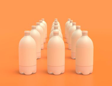 Sarı turuncu arka planda bir grup beyaz plastik soda şişesi, düz renkler, tek renk, üç boyutlu görüntüleme, içecek kabı
