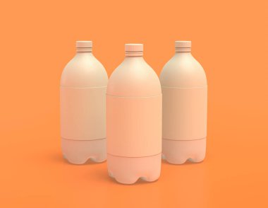 Sarı turuncu arka planda bir grup beyaz plastik soda şişesi, düz renkler, tek renk, üç boyutlu görüntüleme, içecek kabı