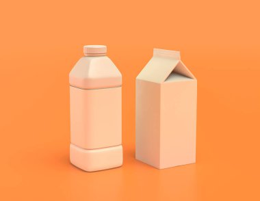 Sarı turuncu arka planda plastik ve karton süt ve meyve suyu kabı, düz renkler, tek renk, üç boyutlu işleme, sağlıklı içecek