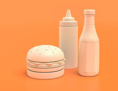 Beyaz plastik ketçap şişesi ve hardal kabı ve sarı turuncu arka planlı hamburger, düz renk, tek renk, 3D renkte, fast food ve akşam yemeği.