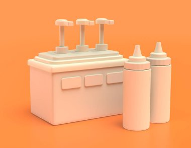 Sarı turuncu arka planda beyaz plastik sos dağıtıcısı, düz renkler, tek renk, üç boyutlu görüntüleme, fast food