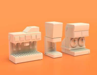 Beyaz plastik soda, höpürdetme makineleri ve karıştırıcı sarı turuncu arka planda, düz renkler, tek renk, 3D görüntüleme, fast food cihazları