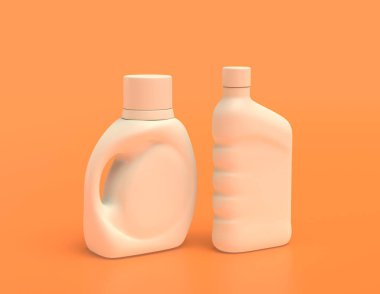 Sarı turuncu arka planda bir grup beyaz plastik temizlik malzemesi konteynırı, düz renkler, tek renk, 3 boyutlu renkler, ağlar