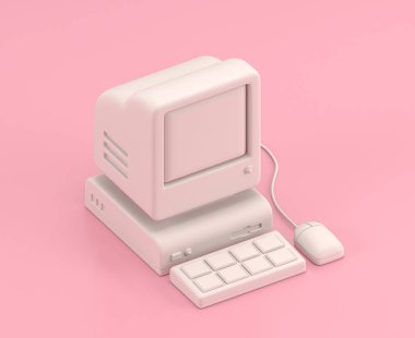 Isometric 3d Simgesi, klavyesi ve faresi olan eski bir bilgisayar. Düz pembe oda, tek renk beyaz, oyuncak gibi ev, sevimli minyatür nesneler, 3D görüntüleme