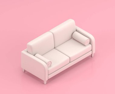 Isometric kanepe 3D Simge düz pembe odada, tek renk beyaz, sevimli oyuncak ev eşyaları, 3 boyutlu dekorasyon, oturma odası mobilyası