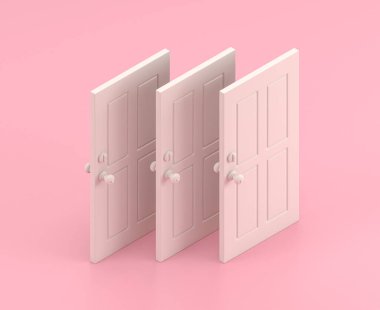 Isometric kapı 3d Simge düz renk pembe oda, tek renk beyaz, sevimli oyuncak ev eşyaları, 3D görüntüleme, kapalı