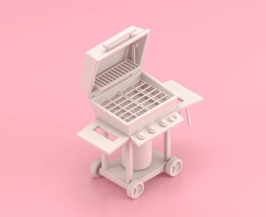 Isometric white barbecue 3d Icon in flat color pink room,single color white, toylike household, cute miniature objects, 3d rendering, outdoor clipart