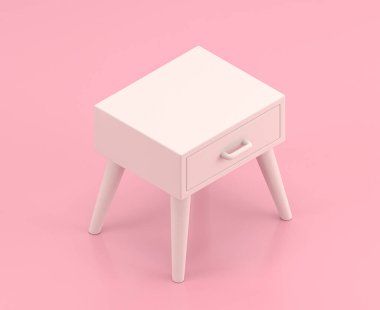 Isometric beyaz komodin 3d Simge düz renkli pembe oda, tek renk beyaz, sevimli minyatür ev eşyaları, 3D renkte ev eşyaları, ev eşyaları