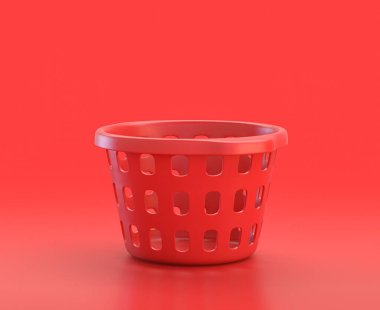 Tek renk kırmızı çamaşır sepeti kırmızı zemin, tek renk, 3D simge, 3D renkte, ev eşyaları.
