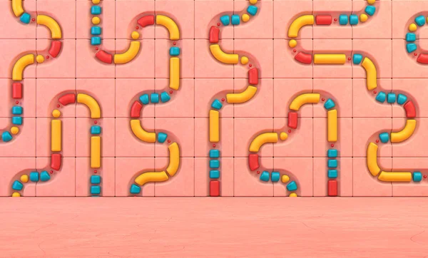 Empty pink room with Tiled blocks and pipe holes on the wall, colorful shapes flowing for product and typograph, 3d rendering