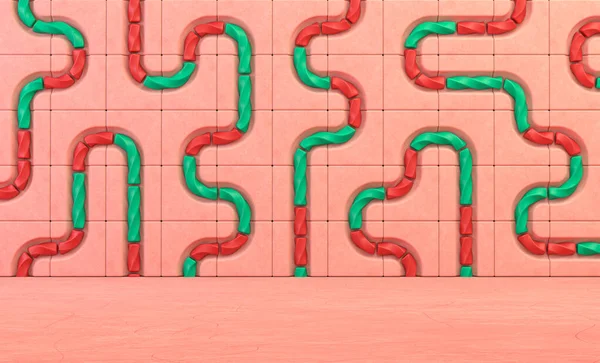 Empty pink room with Tiled blocks and pipe holes on the wall, colorful shapes flowing for product and typograph, 3d rendering