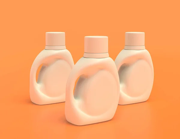 黄色のオレンジの背景の白いプラスチック洗剤容器のグループ フラットカラー 3Dレンダリング 家のクリーニング液体 — ストック写真