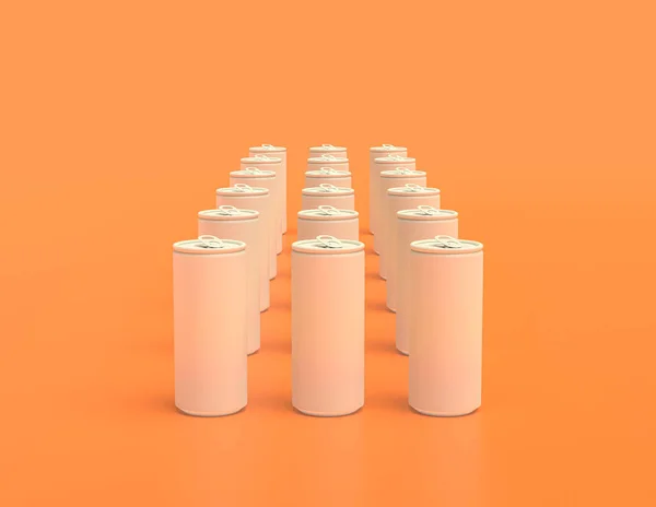 Flat Color White Plastic Soda Cans Rows Yellow Orange Background — Stock Photo, Image