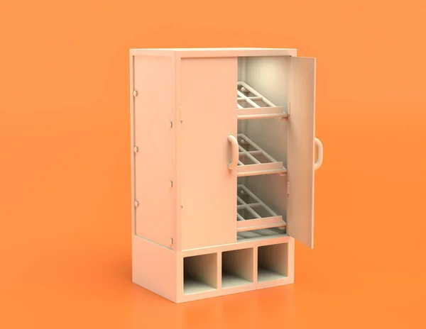 white plastic pastry case, pastry cabinet in yellow orange background, flat colors, single color, 3d rendering, restaurant furniture