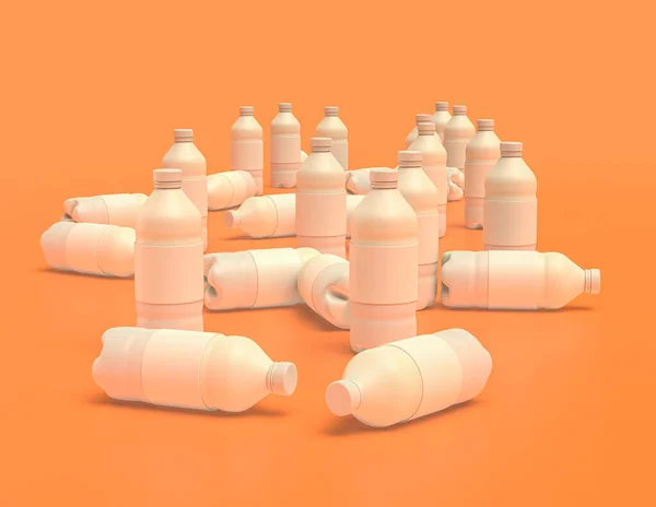 黄色のオレンジの背景 フラットカラー 3Dレンダリング 飲料容器に散在する白いプラスチックソーダボトルのグループ — ストック写真