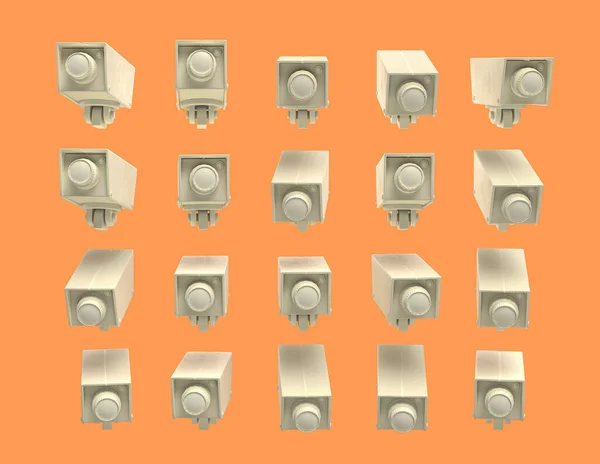 Gruppo Telecamere Sicurezza Plastica Bianca Stanno Guardando Giallo Sfondo Arancione — Foto Stock