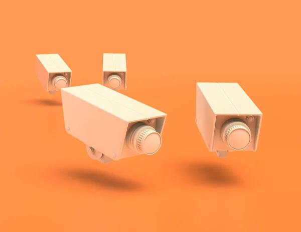 白いプラスチック製のセキュリティカメラのグループは 黄色のオレンジの背景で見ています フラットカラー 3Dレンダリング アラームシステム — ストック写真