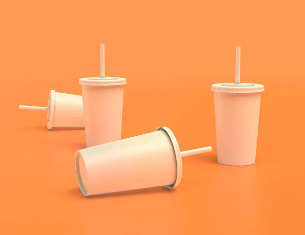 Multiple White Paper Cups Row Orange Background Flat Colors Coffee — Stock Photo, Image