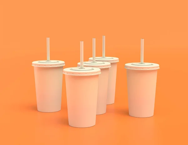 multiple white paper cups in a row on orange background, flat colors, coffee and soda cup, single color, 3d rendering, beverage cup