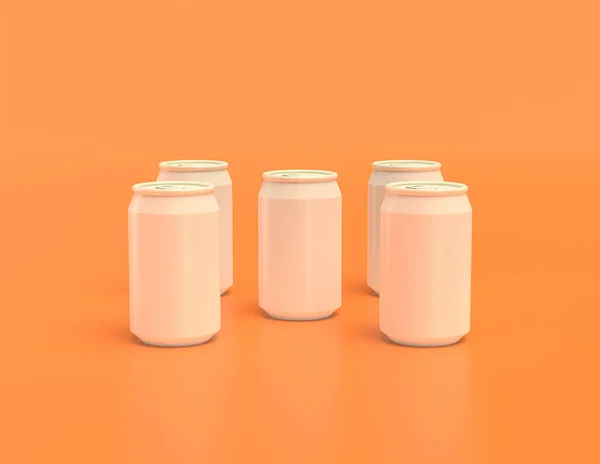 黄色のオレンジの背景 モノクロ 3Dレンダリング ファーストフード 飲料オブジェクトの行にフラットカラーの白いプラスチックソーダ缶 — ストック写真