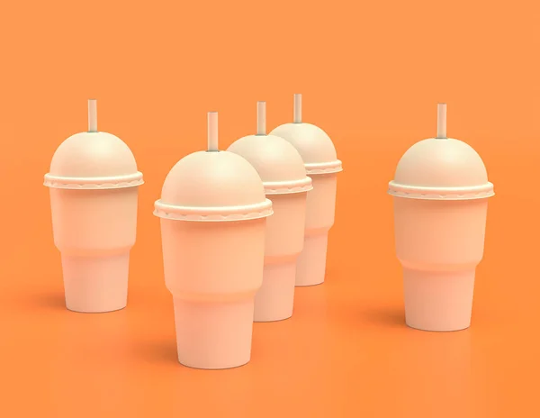 黄橙背景 3D渲染 饮料容器中的连续白塑料软糖杯 — 图库照片