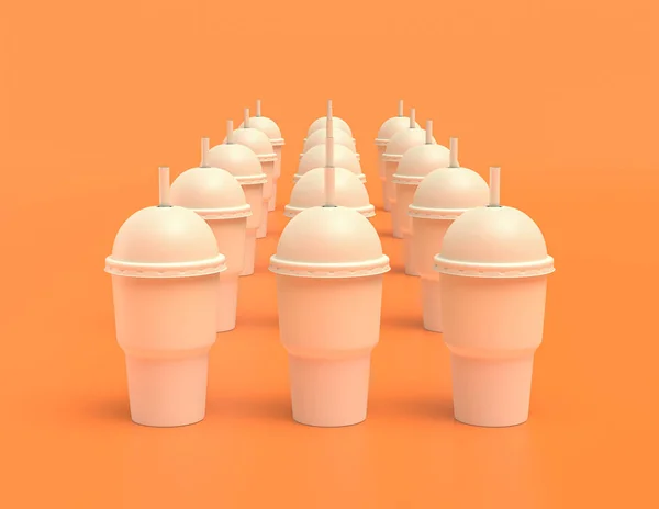 黄色のオレンジの背景 フラットカラー 3Dレンダリング 飲料容器の白いプラスチック製のスラッピーコーヒー容器に複数のスラッピーカップ — ストック写真