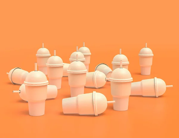 整頓されていない散乱スラリーカップ黄色オレンジの背景 フラットカラー 3Dレンダリング 飲料容器の白いプラスチックスラッピーコーヒー容器 — ストック写真