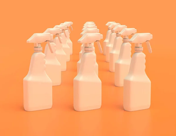 Group Multiple White Plastic Cleaner Spray Container Yellow Orange Background — 스톡 사진