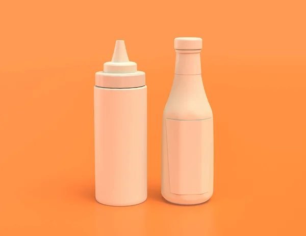 White Plastic Ketchup Bottle Mustard Container Yellow Orange Background Flat — 스톡 사진