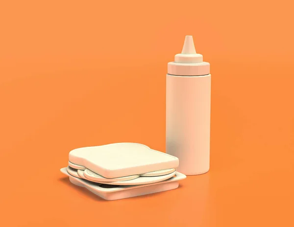 Fehér Műanyag Mustárpalack Szendvics Sárga Narancs Háttér Lapos Színek Egységes — Stock Fotó