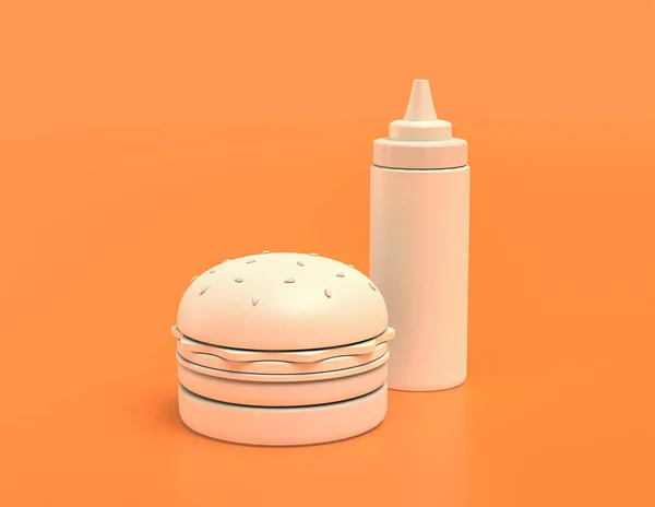 白色塑料番茄酱瓶 黄橙背景汉堡包 3D渲染 快餐和晚餐 — 图库照片