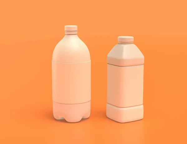 黄色のオレンジの背景 フラットカラー 3Dレンダリング 飲料容器の白いプラスチックソーダボトルのグループ — ストック写真