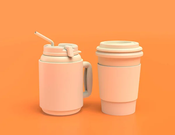 Witte Plastic Koffiebeker Gele Oranje Achtergrond Platte Kleuren Eenkleurige Wegwerp — Stockfoto