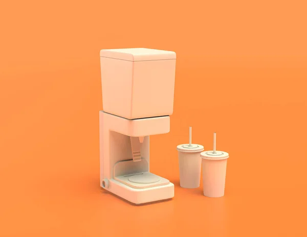 黄色のオレンジの背景に白いプラスチックソーダ スラップマシンとミキサー フラットカラー 3Dレンダリング ファーストフードの家電 — ストック写真