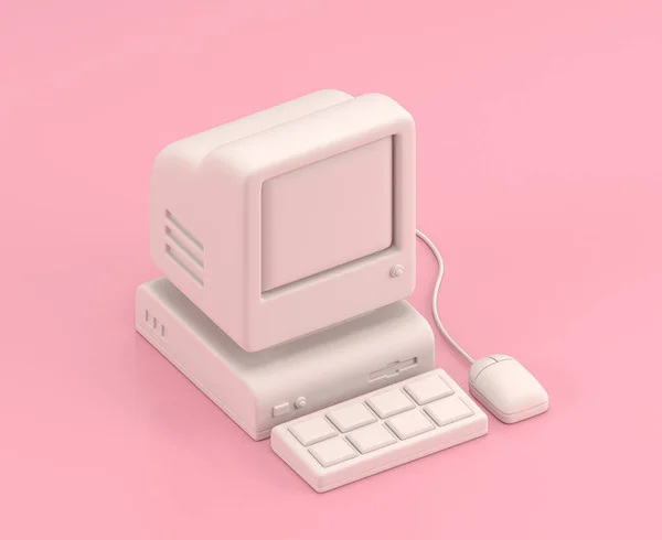 Isometric 3d Simgesi, klavyesi ve faresi olan eski bir bilgisayar. Düz pembe oda, tek renk beyaz, oyuncak gibi ev, sevimli minyatür nesneler, 3D görüntüleme
