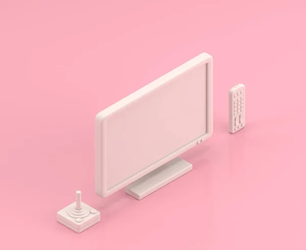 アイソメトリック3Dアイコン フラットカラーピンクの部屋で白いテレビ リモートとジョイスティックのグループ 単色の白 スタイリッシュな家庭 かわいいミニチュアオブジェクト 3Dレンダリング — ストック写真