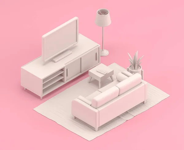 Isometrische Miniatuur Woonkamer Met Bank Icoon Platte Kleur Roze Kamer — Stockfoto