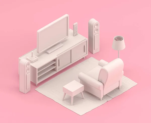 Salon Miniature Isométrique Avec Canapé Icône Dans Chambre Rose Plat — Photo