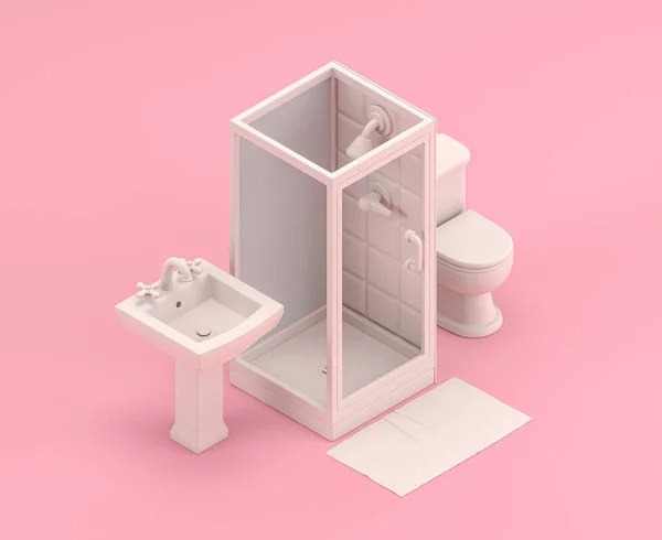 シャワー シンク クローゼット付きのアイソメトリックミニチュアバスルーム フラットカラーピンクの部屋の3Dアイコン シングルカラーホワイト 3Dレンダリング 家庭用品 — ストック写真