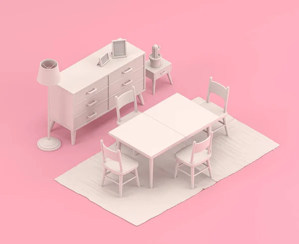 Isometric miniature interior room, 3d Icon in flat color pink room,single color white,3d rendering, household furnitures