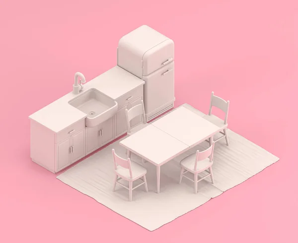 Izometrikus Konyha Hűtőszekrénnyel Vacsoraasztallal Ikon Lapos Rózsaszín Szobában Egyszínű Fehér — Stock Fotó