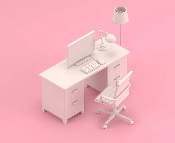 Isometric Office Room Desk Computer Chair Icon Flat Color Pink — Stock Photo, Image