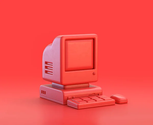单色单色红色3D图标 一种具有红色背景的键盘和鼠标的旧计算机 3D渲染 技术对象 — 图库照片