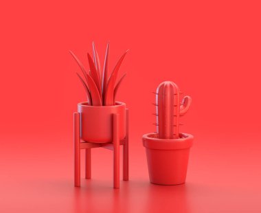 ev bitkisi ve kaktüs kırmızı arka planda, tek renk kırmızı 3d Simge, 3D görüntüleme